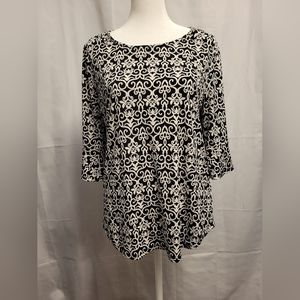 Roz & Ali Half Bell Sleeve Black And White Crew Neck Round Hem Loose Blouse Sz M